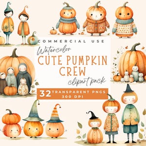 Cute Pumpkin Clipart PNG, 32 Whimsical Pumpkin Characters & Elements, Watercolor Pumpkin Clipart Autumn Clip Art Kawaii Pumpkin Junk journal