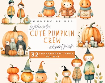 Cute Pumpkin Clipart PNG, 32 Whimsical Pumpkin Characters & Elements, Watercolor Pumpkin Clipart Autumn Clip Art Kawaii Pumpkin Junk journal