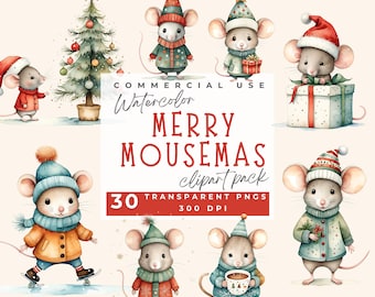 Watercolor Christmas mouse clipart, Xmas Mouse png, Mouse Clipart, Mouse Sublimation, Watercolor Mouse, cute mice, clipart pack, nursery art