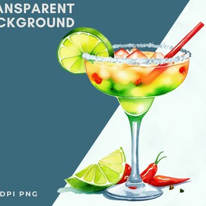 May include: A watercolor illustration of a margarita cocktail with a lime wedge and red chili peppers. The drink is in a glass with a salted rim and a red straw. The background is a light blue and white gradient.