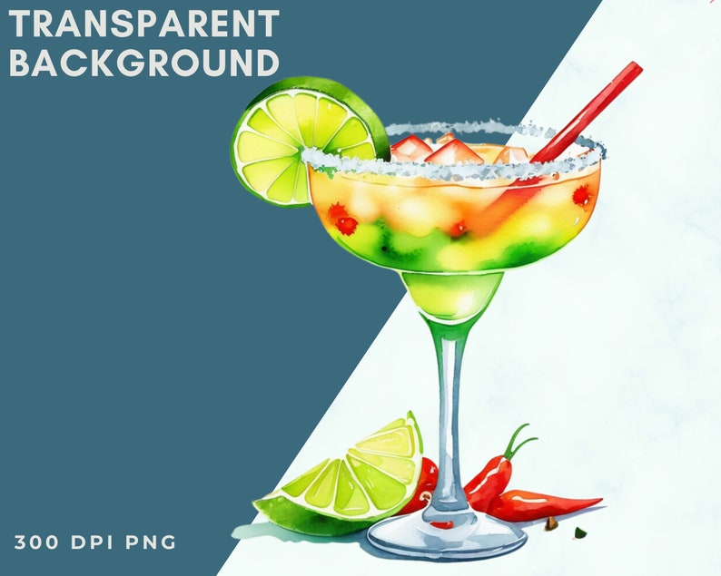 May include: A watercolor illustration of a margarita cocktail with a lime wedge and red chili peppers. The drink is in a glass with a salted rim and a red straw. The background is a light blue and white gradient.