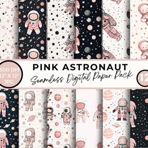 Rosa Astronaut Digitale Papiere, Rosa Raum Muster, Aquarell Astronaut Weltraum digital Papier, rosa Planeten Sterne digitales Papier