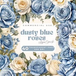 Aquarela Clipart floral azul empoeirado, clipart de rosas azuis empoeiradas, coroa de flores, corpete, buquê, ramalhete, flor azul boho PNG, convite de casamento