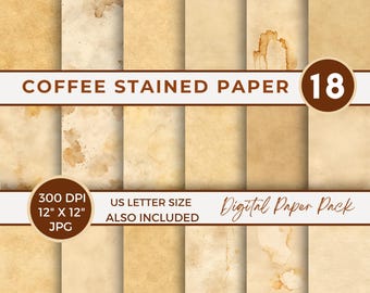 Papel digital teñido con café, papel digital con manchas de café en formato JPG, páginas de diario basura, 2 tamaños de papel imprimible incluidos, JPG vintage marrón neutro