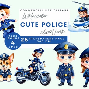 Watercolor Cute Police  Clipart for Kids, Digital PNG Files, clipart police, Officer, Illustrations for Crafts & Decor, birthday police PNG