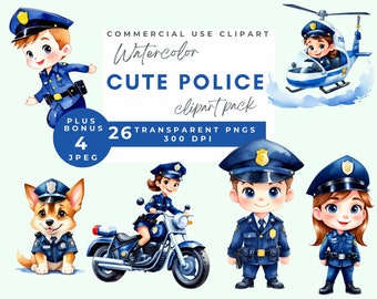 Watercolor Cute Police  Clipart for Kids, Digital PNG Files, clipart police, Officer, Illustrations for Crafts & Decor, birthday police PNG