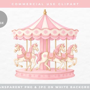 May include: A pink and white carousel illustration with four white horses, each adorned with pink manes, saddles, and decorative elements. The carousel has a striped canopy and is labeled "COMMERCIAL USE CLIPART" and "TRANSPARENT PNG & JPG ON WHITE BACKGROUND".