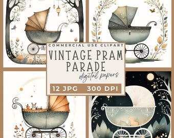Vintage pram digital papers vintage baby stroller 12 High Quality Watercolor JPGs Nursery Art Craft Journaling Scrapbooking Digital Download