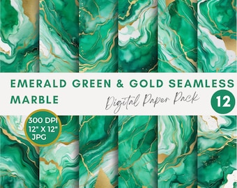 Op de afbeelding: Een digitaal papierpakket met 12 naadloze marmerpatronen in smaragdgroen en goud. De tekst luidt: EMERALD GREEN & GOLD SEAMLESS MARBLE Digital Paper Pack 12 300 DPI 30,48 cm x 30,48 cm JPG. De ontwerpen tonen wervelende groene en witte tinten.