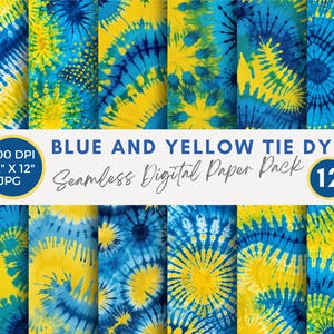 May include: A digital paper pack with 12 seamless patterns featuring blue and yellow tie dye designs. Each pattern is 12 inches by 12 inches and 300 DPI.