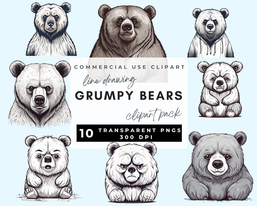 Grumpy Bear Clipart, Digital Line Art Grumpy Bear Printable PNG