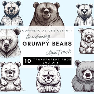 May include: A set of 10 line drawing illustrations of grumpy bears in various poses. The bears are drawn in black and white and have a cartoonish style. The text "COMMERCIAL USE CLIPART line drawing GRUMPY BEARS clipart pack 10 TRANSPARENT PNGS 300 DPI" is displayed on a light blue background.