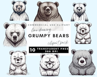 Grumpy bear clipart, Digital line art grumpy bear printable PNG individual images on transparent background, commercial use, Paper craft