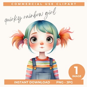 Clipart fille arc-en-ciel décalé PNG, poupée cheveux arc-en-ciel mignonne fille lunatique, imprimable aquarelle Clip Art esthétique personnage coloré Portrait