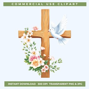Clipart di croce con colomba, clipart religiosa di Pasqua, simbolo cristiano, illustrazione di crocifisso floreale, pace e resurrezione, disegno di versetto della Bibbia