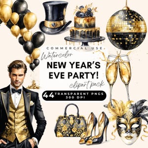 Watercolor New Year Clipart Black and Gold New Year Clipart, New Year Celebration, New Year PNG New Year Party Decor, Happy New Year Clipart