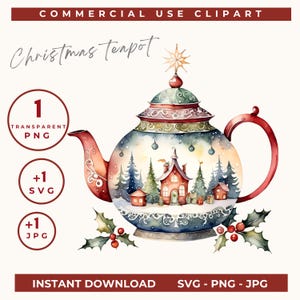Kerst theepot clipart feestelijke vakantie thee illustratie vintage theepot clip art thee liefhebber PNG-kunst perfect voor kaarten, ambachten en sublimatie