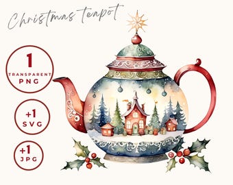 Clipart théière Noël vacances festives illustration thé théière vintage clip art amateur de thé art PNG parfait pour l'artisanat de cartes et la sublimation