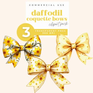 Puede incluir: Tres lazos de narciso en acuarela con patrones florales amarillos y blancos. Los lazos están dispuestos en una fila, con el lazo superior con un patrón de lunares. El texto "daffodil coquette bows clipart pack" está por encima de los lazos, y el número "3" está en un círculo a la izquierda de los lazos.