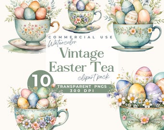 Vintage clipart voor paasthee, aquarel bloemen theekopjes met eieren png, Spring Tea Party-graphics, Cottagecore Pasen, eigenzinnig pastelkleurige illustraties