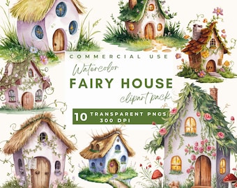 Fairy House Clipart, Watercolor magical garden fairy house PNG, Enchanted Fairy Garden Clip Art, Fairytale Illustrations wall art invitation