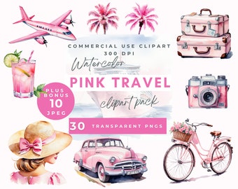 Travel watercolor clipart pink girly, Girly Travel Clipart Pink Travel Clipart Watercolor Traveller Girl Clipart, Summer Clipart Boho travel