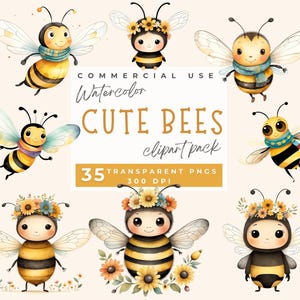 Cute bee watercolor clipart, cute bugs clipart, whimsical bumblebees, Commercial Use, Spring Clipart, Transparent Background, Cute Bees PNG