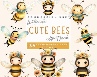 Cute bee watercolor clipart, cute bugs clipart, whimsical bumblebees, Commercial Use, Spring Clipart, Transparent Background, Cute Bees PNG