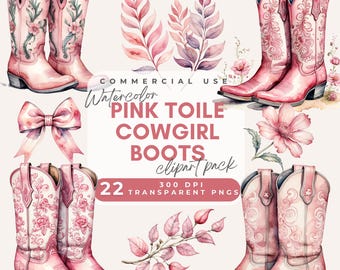 Pink Toile Cowgirl Stiefel Clipart, Western Clipart, Aquarell Cowboy-Stiefel Clip Art, Wilder Westen Png, Pink Toile de Jouy Clipart, Pink Cowgirl