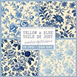 Confezione di carta digitale Toile de Jouy gialla e blu, motivi floreali Toile senza soluzione di continuità, sfondi digitali per scrapbooking francese vintage, diario spazzatura