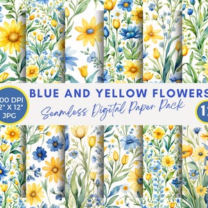 Niebieskie i żółte kwiatowe wzory bezszwowe, akwarela Niebieskie i żółte kwiaty Cyfrowy papier cottagecore papier do scrapbookingu do druku sztuka cyfrowa