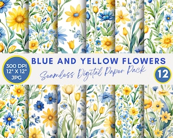 Patrones florales sin costuras en azul y amarillo, papel digital con acuarela de flores en azul y amarillo, papel para álbum de recortes imprimible, arte digital