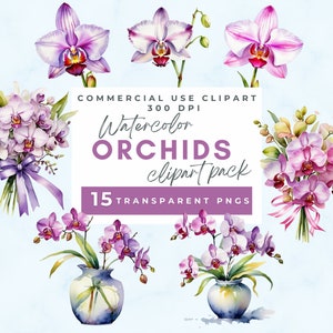 Watercolor pink orchid bouquet clipart, Spring floral clipart PNG, watercolor flower Orchid clip art,  Pink Orchid Clip art, commercial use