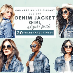 Clipart veste en jean, clipart divas en jean, clipart fille en jean aquarelle, fabrication de cartes, techniques mixtes, créations numériques sur papier, usage commercial