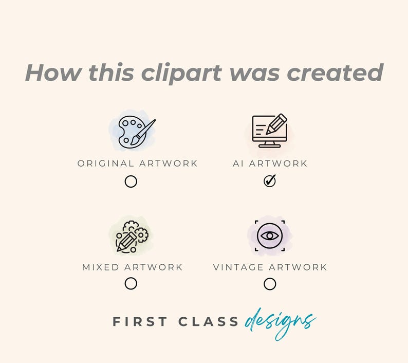 K&ouml;nnte beinhalten: Ein Multiple-Choice-Quiz fragt, wie ein Clipart-Bild erstellt wurde. Die Optionen sind Original-Artwork, KI-Artwork, Mixed-Artwork und Vintage-Artwork. Die Option KI-Artwork ist ausgew&auml;hlt.