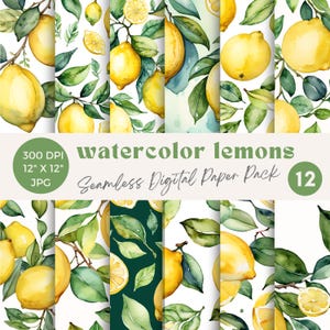 Pack de papier numérique Motifs sans couture aquarelle citrons Papier numérique agrumes verdure été agrumes Papier numérique aquarelle agrumes