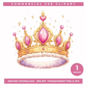 Princess Crown Clipart Gold Watercolor, Gold Crown Clipart, Royal Princess Tiara PNG, Pink Gem Crown Art, Sparkly Queen Clip Art, birthday