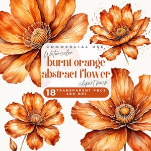 Burnt orange flower clipart, Terracotta abstract flower clip art, Printable watercolor flowers, Transparent PNG, floral Invitations wall art