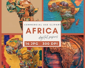 Africa digital papers, map of Africa printable papers, junk journal pages, African safari animals, African Maps Digital Paper JPG, landscape