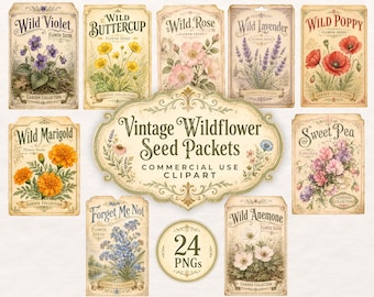 Wildflower Seed Packet Printable Clipart, Vintage Flower Seed Packet digital download, Floral Garden PNGs, Junk Journal Ephemera