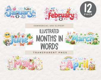 Months of the Year Watercolor Clipart, Months in Words Clip art, Month Name PNG Set, Calendar Month Headers, Planner Classroom Decor