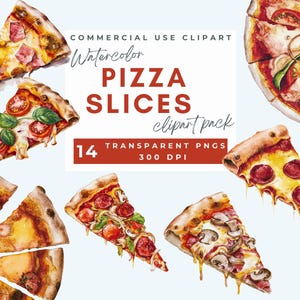 May include: A collection of watercolour pizza slice illustrations featuring various toppings like pepperoni, mushrooms, tomatoes, and basil. The text reads: COMMERCIAL USE CLIPART, Watercolor PIZZA SLICES clipart pack, 14 TRANSPARENT PNGS, 300 DPI.