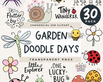 Whimsical Doodle Line Art, Spring Flower Doodle Clip Art, Spring Doodles Clipart PNG, Cute Clipart Doodle,  Kawaii Garden Bugs and Sayings
