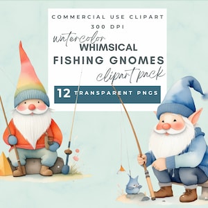 Watercolor fishing gnome clipart, whimsical fishing gnomes clipart, fishing dad, gift for father&#39;s day gift for fisherman Gnome gift for dad