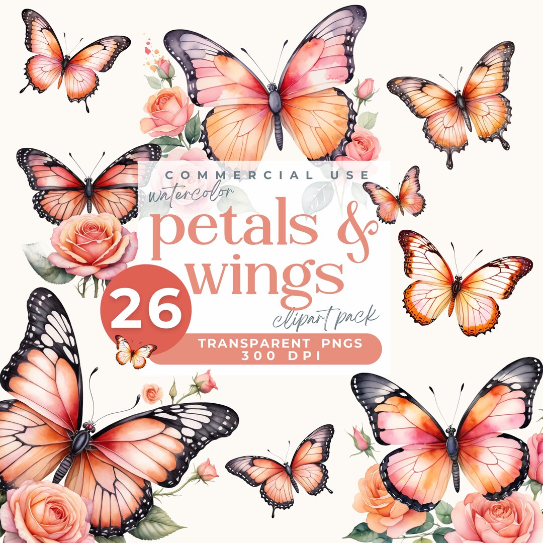 Butterflies and Roses Clipart, Watercolor Butterfly and Rose Clipart ...