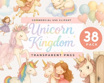 May include: A digital collection of 38 unicorn and fairy illustrations featuring pastel-coloured unicorns, children with crowns, rainbows, clouds, and balloons. The text reads COMMERCIAL USE CLIPART Unicorn Kingdom 38 PACK TRANSPARENT PNGS.