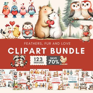 Bundle de cliparts animaux aquarelle Saint-Valentin, Saint-Valentin clipart PNG, mignon raton laveur, poulet, capybara, hiboux, oiseaux chanteurs, animaux des bois
