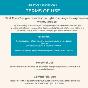 K&ouml;nnte beinhalten: Ein blaues und wei&szlig;es Textdokument mit dem Titel "First Class Designs Nutzungsbedingungen". Das Dokument legt die Nutzungsbedingungen f&uuml;r den Kauf von Clipart fest, einschlie&szlig;lich Einschr&auml;nkungen hinsichtlich Weiterverbreitung und kommerzieller Nutzung.