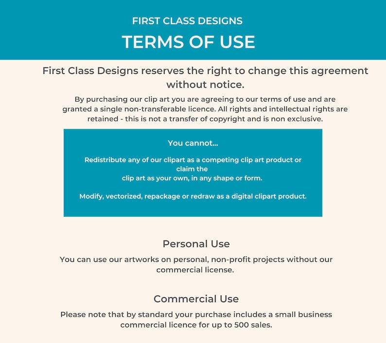 K&ouml;nnte beinhalten: Ein blaues und wei&szlig;es Textdokument mit dem Titel "First Class Designs Nutzungsbedingungen". Das Dokument legt die Nutzungsbedingungen f&uuml;r den Kauf von Clipart fest, einschlie&szlig;lich Einschr&auml;nkungen hinsichtlich Weiterverbreitung und kommerzieller Nutzung.
