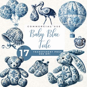 Baby blauwe toile-clipart, blauwe Franse toile de jouy-clipart, clip art toile kwekerij, chinoiserie png, toile bloemen, Franse babyshower